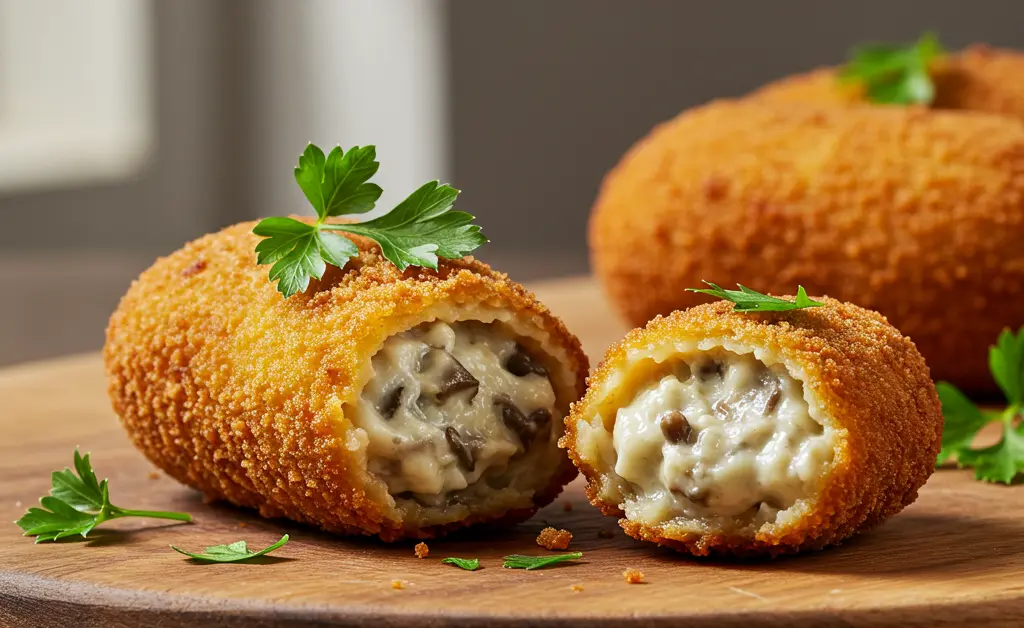 A perfectly golden-brown, crispy porcini mushroom croquette is elegantly presented on a rustic wooden board, garnished with fresh herbs, ready to be enjoyed.