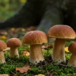 A cluster of magnificent porcini mushrooms emerges from the forest floor, symbolizing the challenging yet rewarding process of porcini mushroom cultivation.