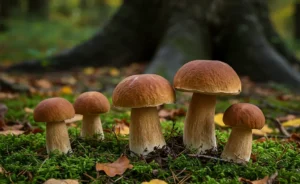 A cluster of magnificent porcini mushrooms emerges from the forest floor, symbolizing the challenging yet rewarding process of porcini mushroom cultivation.