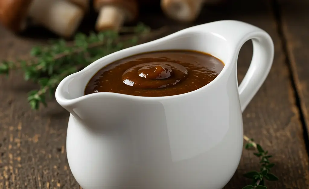 A small, elegant white ceramic sauce boat brimming with a rich, dark, and velvety porcini mushroom demi glace is beautifully presented on an aged, rustic wooden kitchen counter.