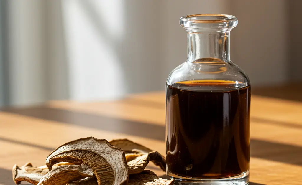 A close-up shot showcases the rich color and texture of porcini mushroom extract, ready for use.