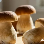 A visually appealing arrangement of fresh, earthy porcini mushrooms rests on a rustic wooden cutting board, ready for cooking.