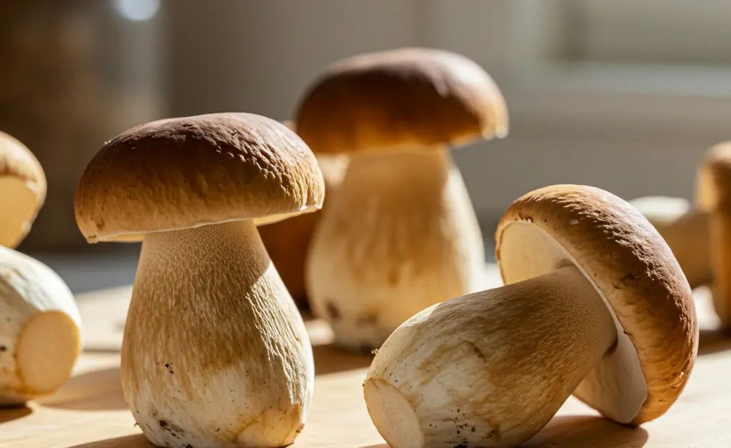A visually appealing arrangement of fresh, earthy porcini mushrooms rests on a rustic wooden cutting board, ready for cooking.