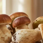 A close-up shot of several fresh, earthy porcini mushroom caps displayed on a rustic wooden board, ready for cooking.