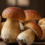 A beautiful close-up captures the earthy texture and robust form of a fresh porcini mushroom, highlighted by natural light on a rustic wooden surface.
