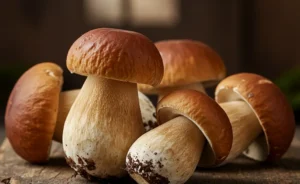 A beautiful close-up captures the earthy texture and robust form of a fresh porcini mushroom, highlighted by natural light on a rustic wooden surface.