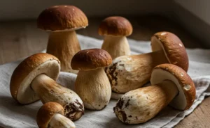 A large, freshly harvested porcini mushroom, with its distinct brown cap and thick stem, rests on a rustic wooden surface, highlighting its culinary appeal.