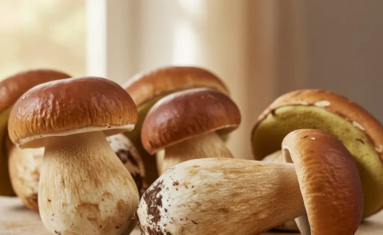 A close-up shot of several fresh, earthy porcini mushroom caps displayed on a rustic wooden board, ready for cooking.