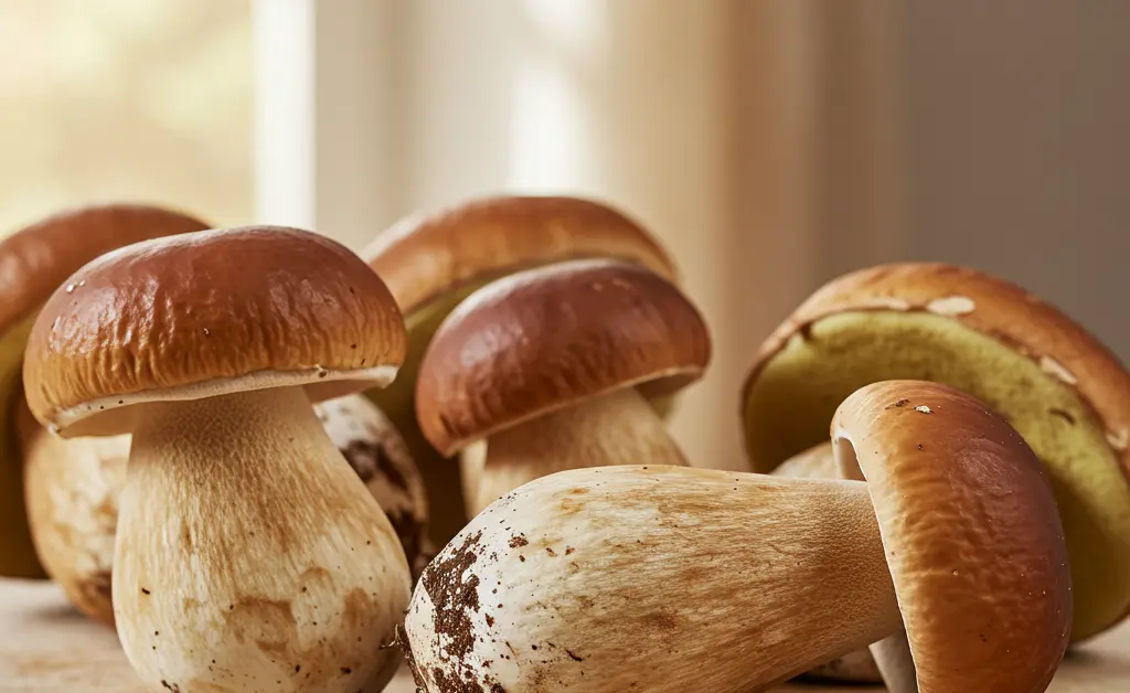 A close-up shot of several fresh, earthy porcini mushroom caps displayed on a rustic wooden board, ready for cooking.