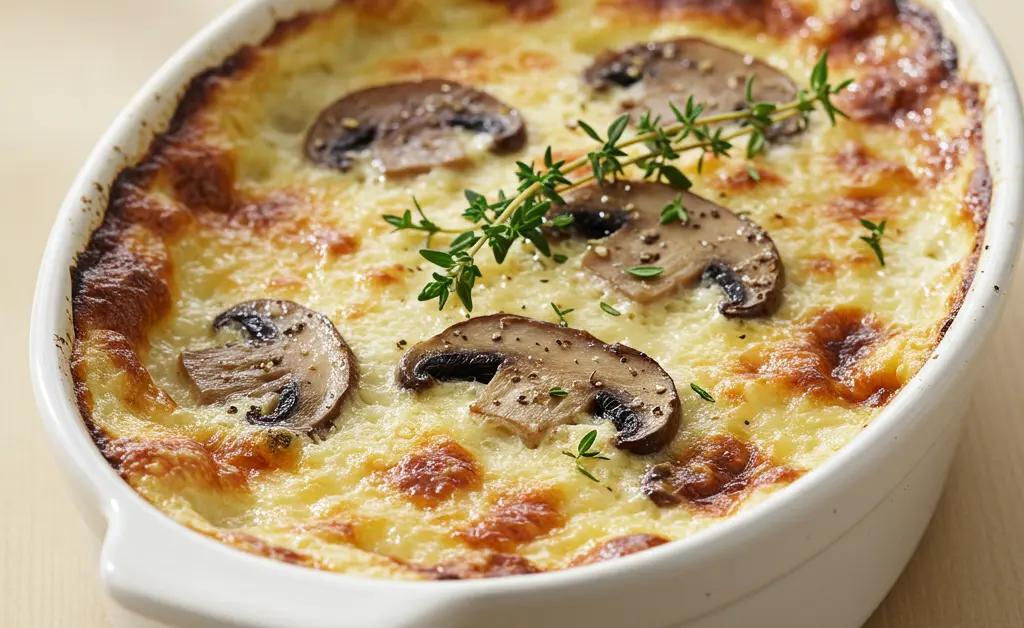A close-up shot of a golden-brown, bubbling porcini mushroom gratin, freshly baked in an elegant ceramic dish, garnished with fresh thyme.