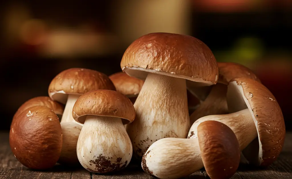 An appealing display of freshly harvested, plump porcini mushroom hong kong, meticulously arranged on a rustic wooden stand in a gourmet food market.