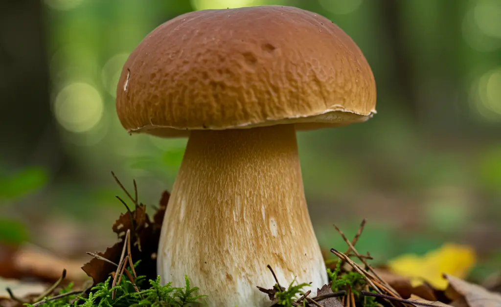 A healthy porcini mushroom with its distinctive brown cap and thick stem is photographed on a mossy forest floor, visually demonstrating porcini mushroom how to identify for foragers.