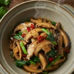 A beautifully presented, savory Chinese dish showcasing the unique texture and rich flavor of porcini mushroom in chinese cuisine, artfully arranged on a rustic wooden table with elegant chopsticks and fresh herbs in soft, natural light.