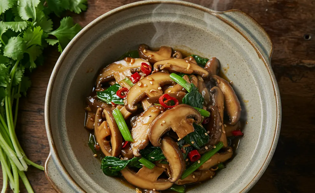 A beautifully presented, savory Chinese dish showcasing the unique texture and rich flavor of porcini mushroom in chinese cuisine, artfully arranged on a rustic wooden table with elegant chopsticks and fresh herbs in soft, natural light.