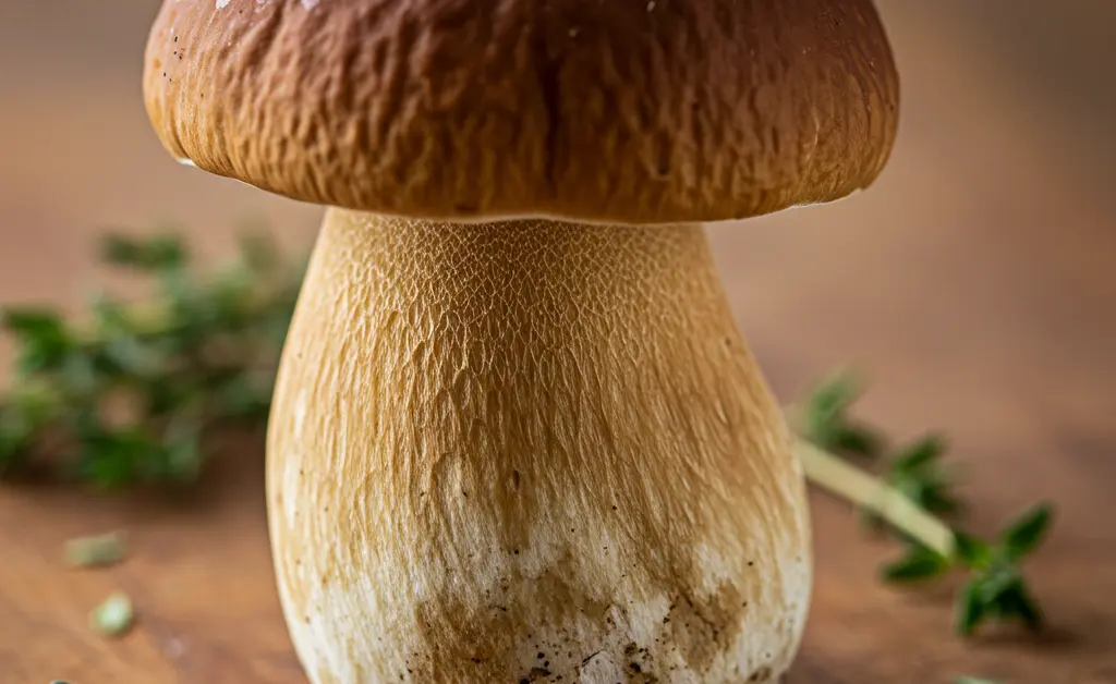 A rustic wooden cutting board features a robust porcini mushroom, representing the porcini mushroom in english terminology and culinary understanding.