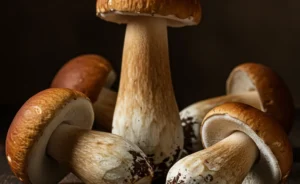 Fresh, high-quality porcini mushroom in india are artfully arranged on a rustic wooden table, reflecting their culinary value.