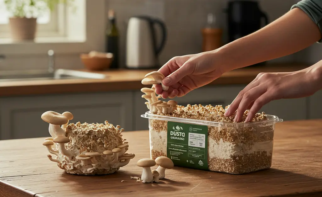 A person's hands are carefully inspecting a high-quality porcini mushroom kit, displayed on a rustic wooden table in a well-lit kitchen.