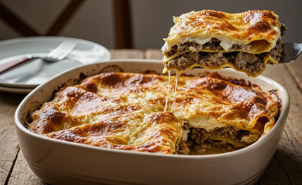 A beautifully baked dish of porcini mushroom lasagna, rich with earthy flavors and creamy béchamel, is presented on a rustic wooden table under natural light.