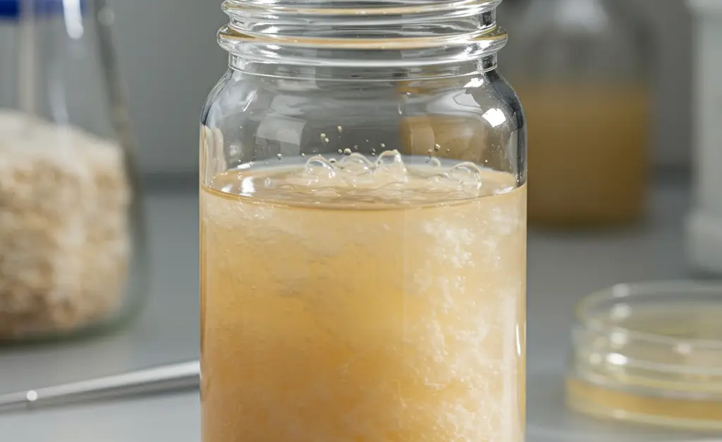 A clear glass jar filled with a cloudy, nutrient-rich liquid, representing porcini mushroom liquid culture, sits on a clean, sterile workbench in a home mycology lab.