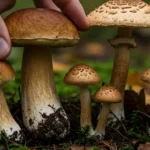 A close-up image shows a hand carefully examining a variety of fungi on a forest floor, highlighting the distinct features of true porcini and several porcini mushroom look alikes.