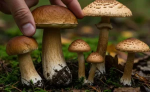 A close-up image shows a hand carefully examining a variety of fungi on a forest floor, highlighting the distinct features of true porcini and several porcini mushroom look alikes.