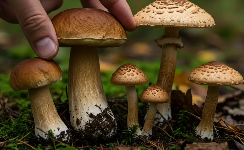 A close-up image shows a hand carefully examining a variety of fungi on a forest floor, highlighting the distinct features of true porcini and several porcini mushroom look alikes.