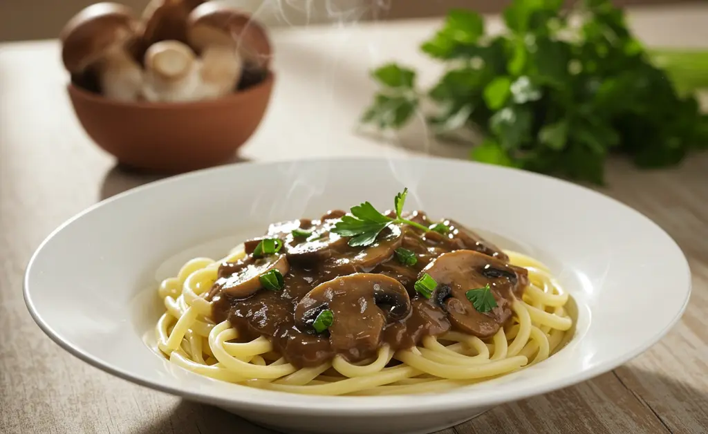 A gourmet bowl of homemade porcini mushroom noodles, rich with earthy flavors and garnished with fresh herbs, rests on a rustic wooden table.