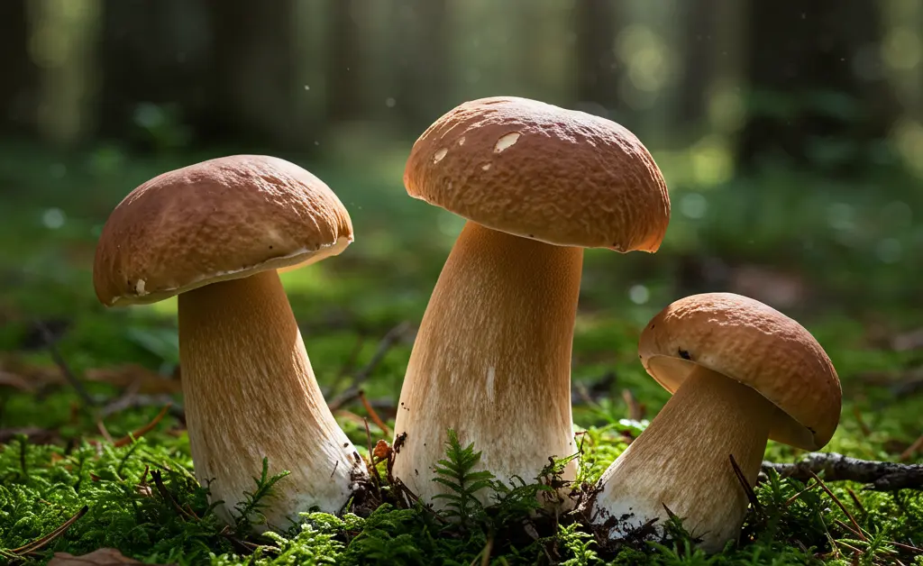 A close-up shot of freshly foraged porcini mushroom nz nestled among vibrant green moss and damp fallen leaves in a lush forest.