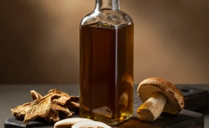 A beautifully composed editorial still life showcases a clear glass bottle of rich, golden porcini mushroom oil alongside scattered dried porcini mushrooms on a rustic wooden board, conveying its luxurious culinary essence.