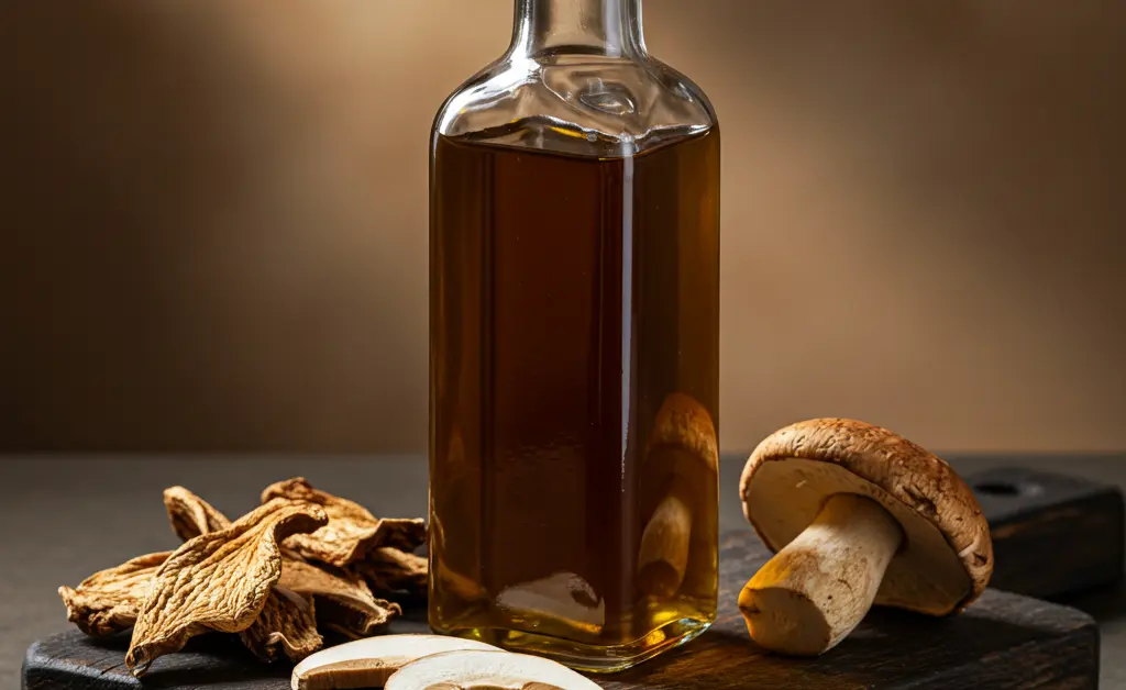 A beautifully composed editorial still life showcases a clear glass bottle of rich, golden porcini mushroom oil alongside scattered dried porcini mushrooms on a rustic wooden board, conveying its luxurious culinary essence.