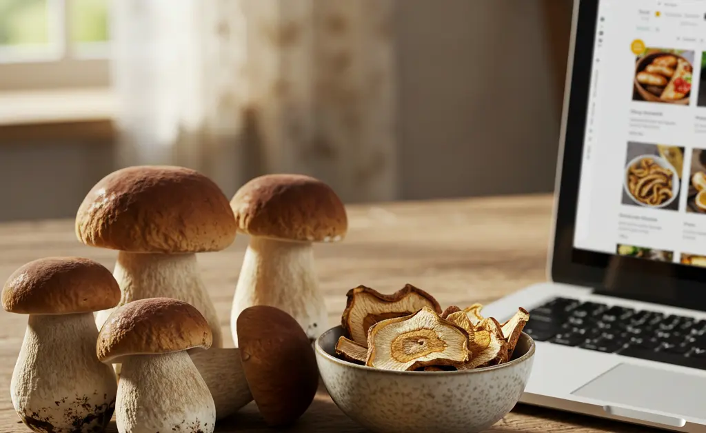 A beautiful display of fresh and dried porcini mushrooms is arranged next to a laptop showcasing an e-commerce page, illustrating the convenience of buying porcini mushroom online.