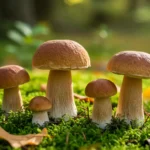 A close-up view of wild porcini mushrooms nestled among moss and fallen leaves illustrates the porcini mushroom origin in its natural habitat.