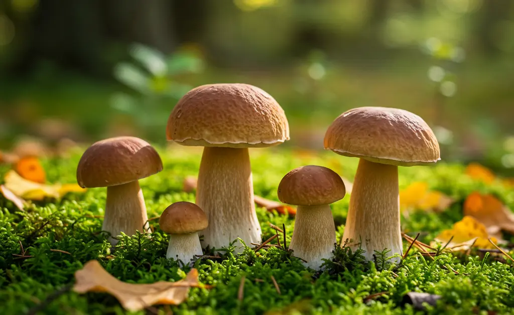 A close-up view of wild porcini mushrooms nestled among moss and fallen leaves illustrates the porcini mushroom origin in its natural habitat.