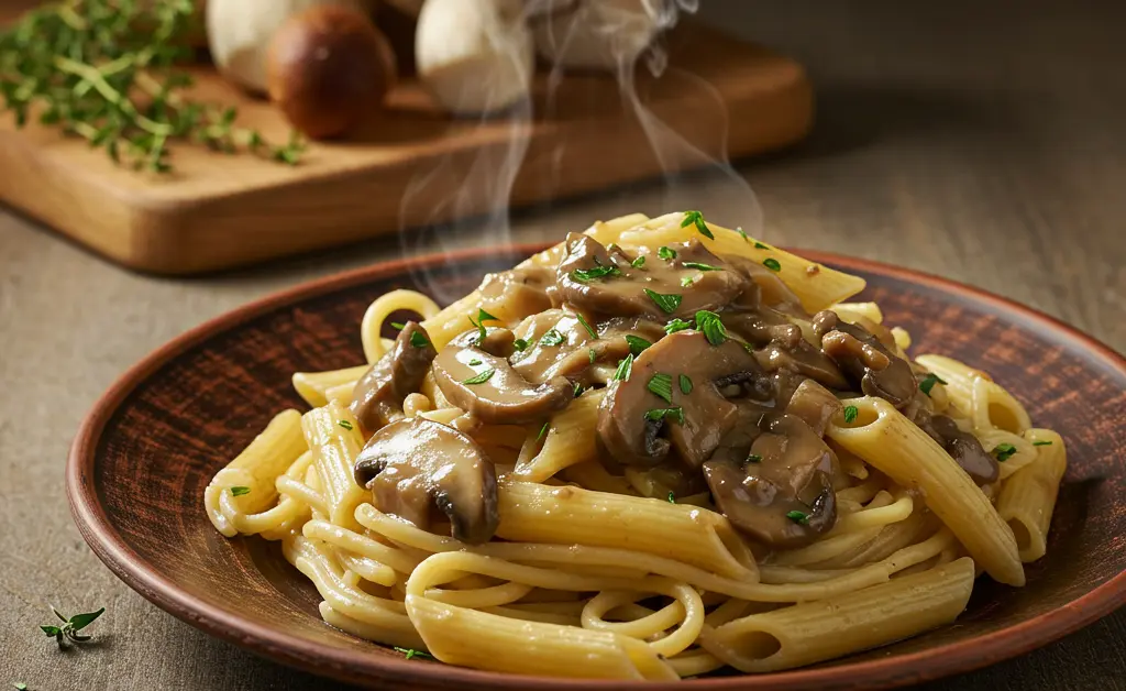 A close-up view presents a perfectly plated bowl of steaming hot porcini mushroom pasta, richly coated in sauce and garnished with fresh herbs, ready to be enjoyed.