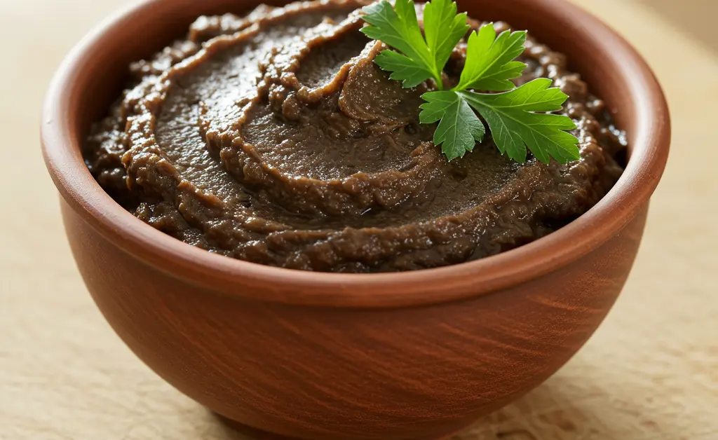 Earthy porcini mushroom paste is displayed in a small ceramic bowl, garnished with fresh herbs, on a rustic wooden table.