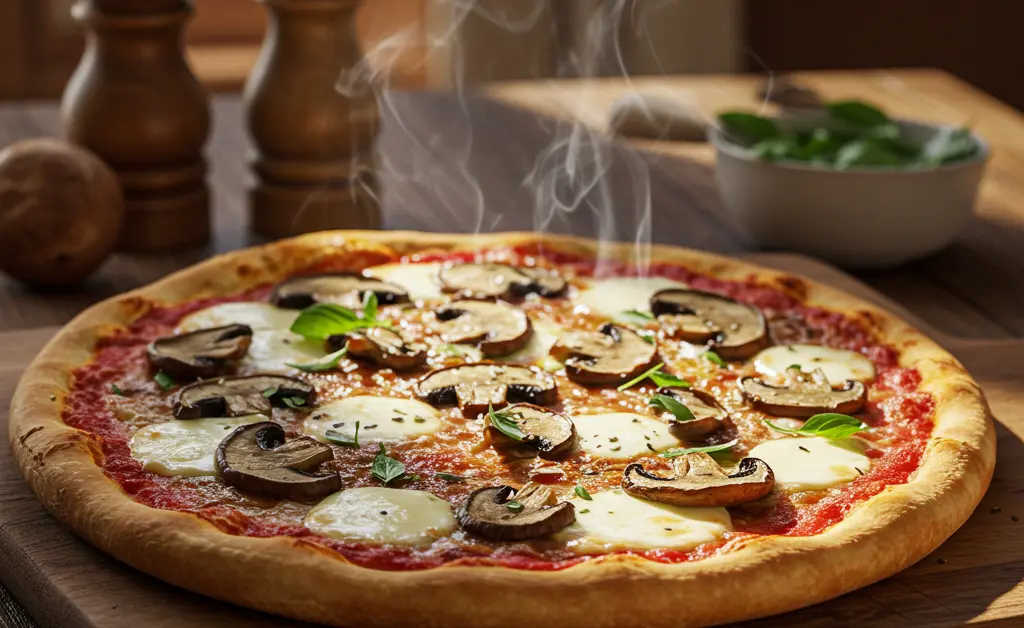 A freshly baked, gourmet porcini mushroom pizza is presented on a rustic wooden cutting board, steaming slightly and ready for enjoyment.