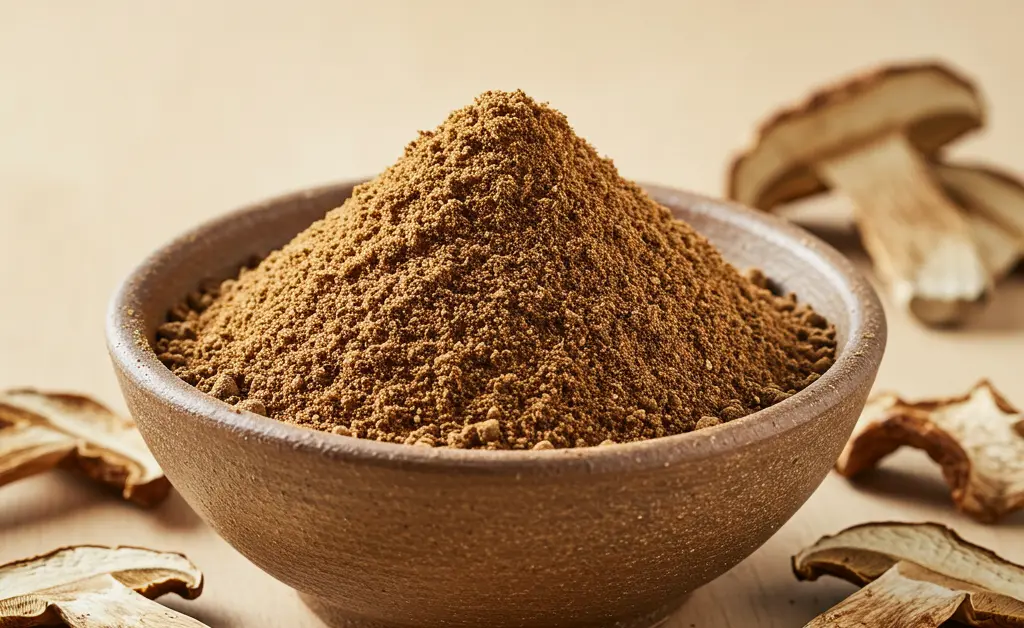 A close-up shot displays the fine, earthy brown porcini mushroom powder in a small ceramic bowl, ready for culinary use.