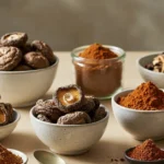 A curated collection of various dried mushrooms and other earthy mushroom powders is artfully arranged on a rustic wooden kitchen counter, offering diverse options as a porcini mushroom powder substitute for culinary use.