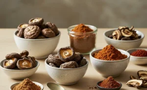 A curated collection of various dried mushrooms and other earthy mushroom powders is artfully arranged on a rustic wooden kitchen counter, offering diverse options as a porcini mushroom powder substitute for culinary use.