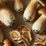 An editorial overhead shot showcases a diverse selection of fresh and dried porcini mushrooms on a rustic wooden surface, implicitly conveying information about porcini mushroom price.