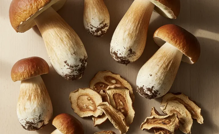 An editorial overhead shot showcases a diverse selection of fresh and dried porcini mushrooms on a rustic wooden surface, implicitly conveying information about porcini mushroom price.