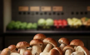 A selection of fresh, high-quality porcini mushroom qatar is carefully displayed in a modern market stall, highlighting their availability for gourmet cooking.