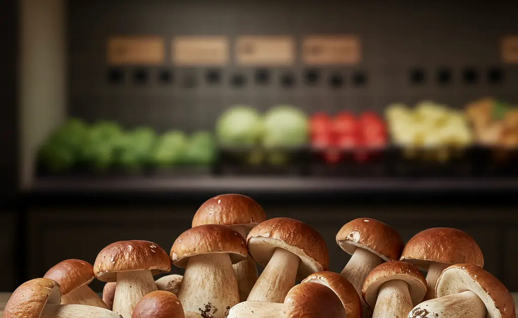 A selection of fresh, high-quality porcini mushroom qatar is carefully displayed in a modern market stall, highlighting their availability for gourmet cooking.