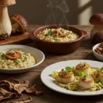A beautifully arranged collection of gourmet dishes showcases various porcini mushroom recipes, highlighting their rich, earthy appeal on a rustic wooden table.