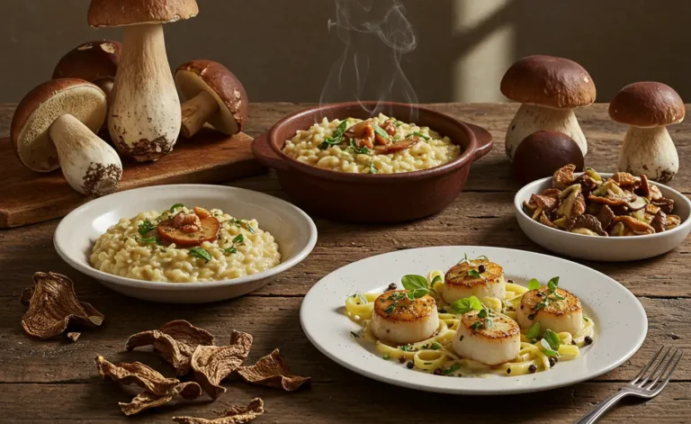 A beautifully arranged collection of gourmet dishes showcases various porcini mushroom recipes, highlighting their rich, earthy appeal on a rustic wooden table.