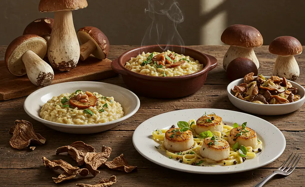 A beautifully arranged collection of gourmet dishes showcases various porcini mushroom recipes, highlighting their rich, earthy appeal on a rustic wooden table.