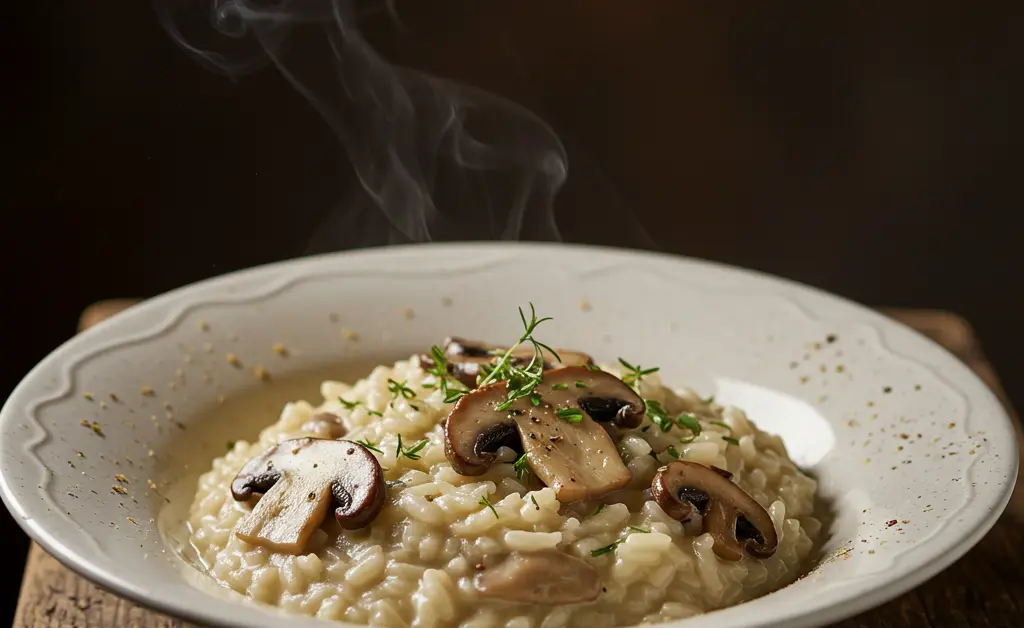 A steaming bowl of creamy porcini mushroom risotto, garnished with fresh herbs, sits invitingly on a rustic wooden table.