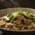 A steaming bowl of creamy porcini mushroom risotto garnished with fresh parsley is presented on a rustic wooden table, bathed in soft, warm light.