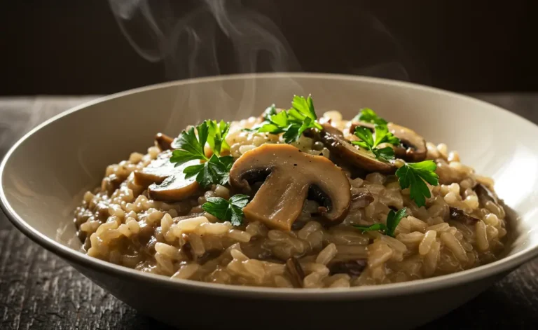A steaming bowl of creamy porcini mushroom risotto garnished with fresh parsley is presented on a rustic wooden table, bathed in soft, warm light.
