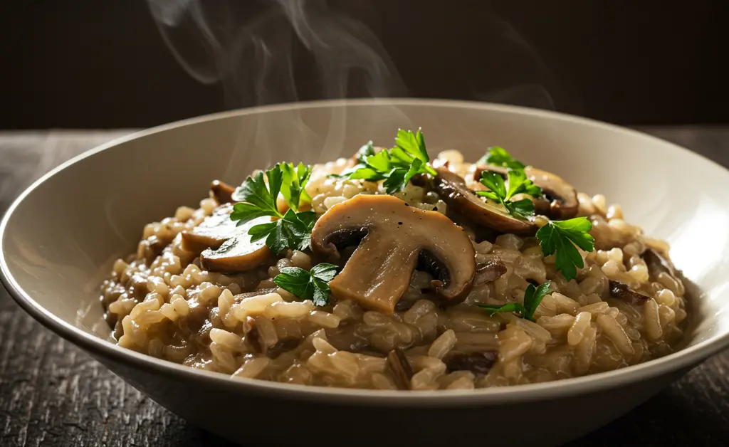A steaming bowl of creamy porcini mushroom risotto garnished with fresh parsley is presented on a rustic wooden table, bathed in soft, warm light.